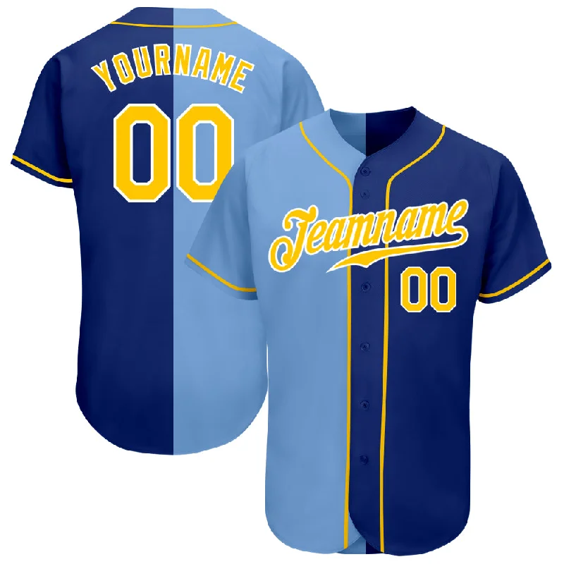 Custom Baseball Jersey For Player Performance-Custom Royal Gold-Light Blue Authentic Split Fashion Baseball Jersey