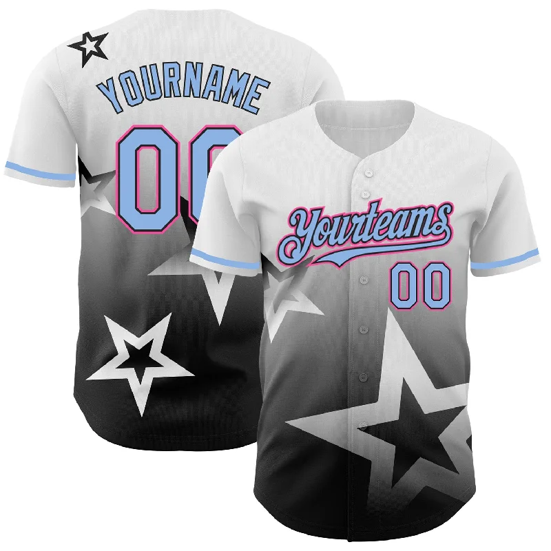 Baseball Jersey With Player Portrait-Custom White Light Blue Black-Pink 3D Pattern Design Gradient Style Twinkle Star Authentic Baseball Jersey