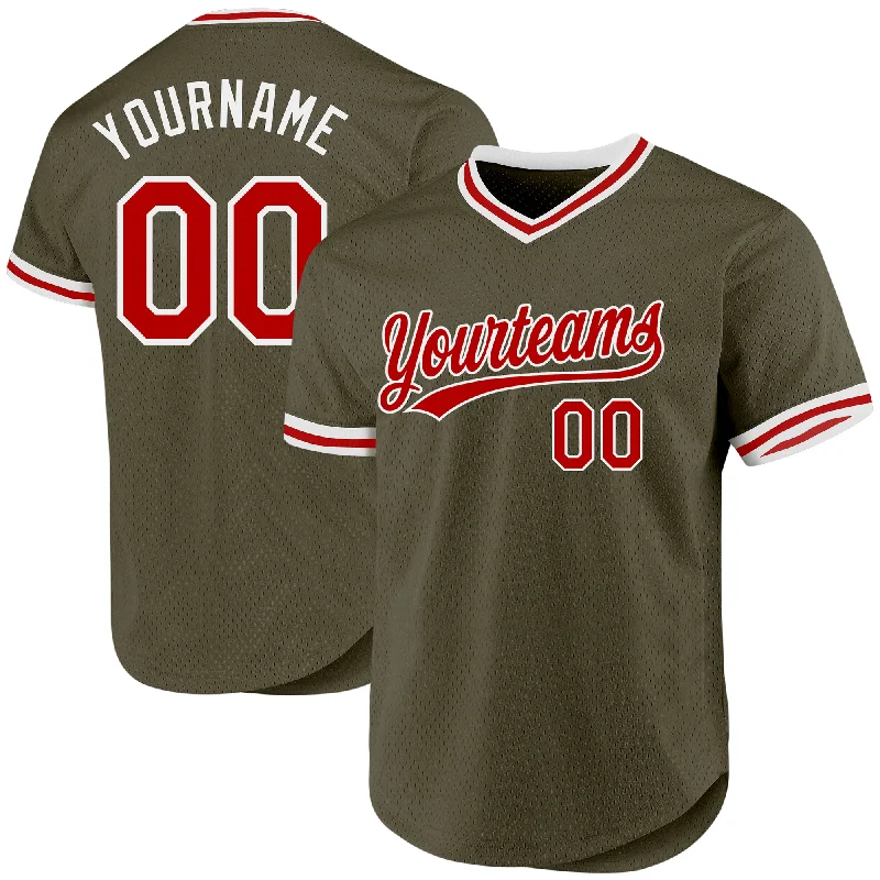 Custom Baseball Jersey For Youth Baseball Teams-Custom Olive Red-White Authentic Throwback Salute To Service Baseball Jersey