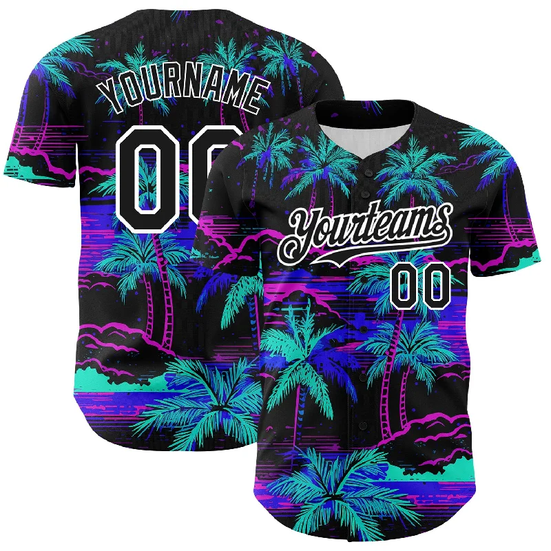 Custom Baseball Jersey For Player Performance-Custom Black White 3D Pattern Design Beach Hawaii Palm Trees Authentic Baseball Jersey