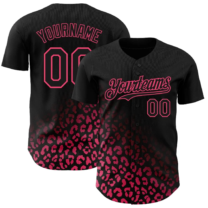 Baseball Jersey With Signature Player Designs-Custom Black Neon Pink 3D Pattern Design Leopard Print Fade Fashion Authentic Baseball Jersey