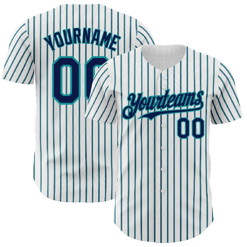 Custom Baseball Jersey For Player Representation-Custom White (Navy Teal Pinstripe) Navy-Teal Authentic Baseball Jersey