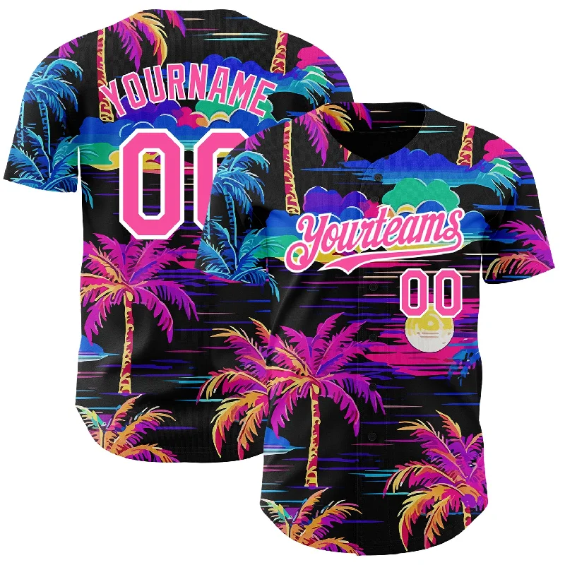 Baseball Jersey With School Logo & Number-Custom Black Pink-White 3D Pattern Design Beach Hawaii Palm Trees Authentic Baseball Jersey