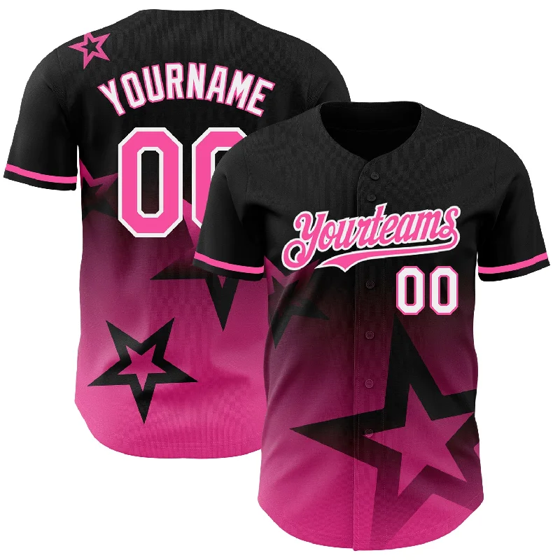 Personalized Baseball Jersey For Charity Auctions-Custom Black Pink-White 3D Pattern Design Gradient Style Twinkle Star Authentic Baseball Jersey