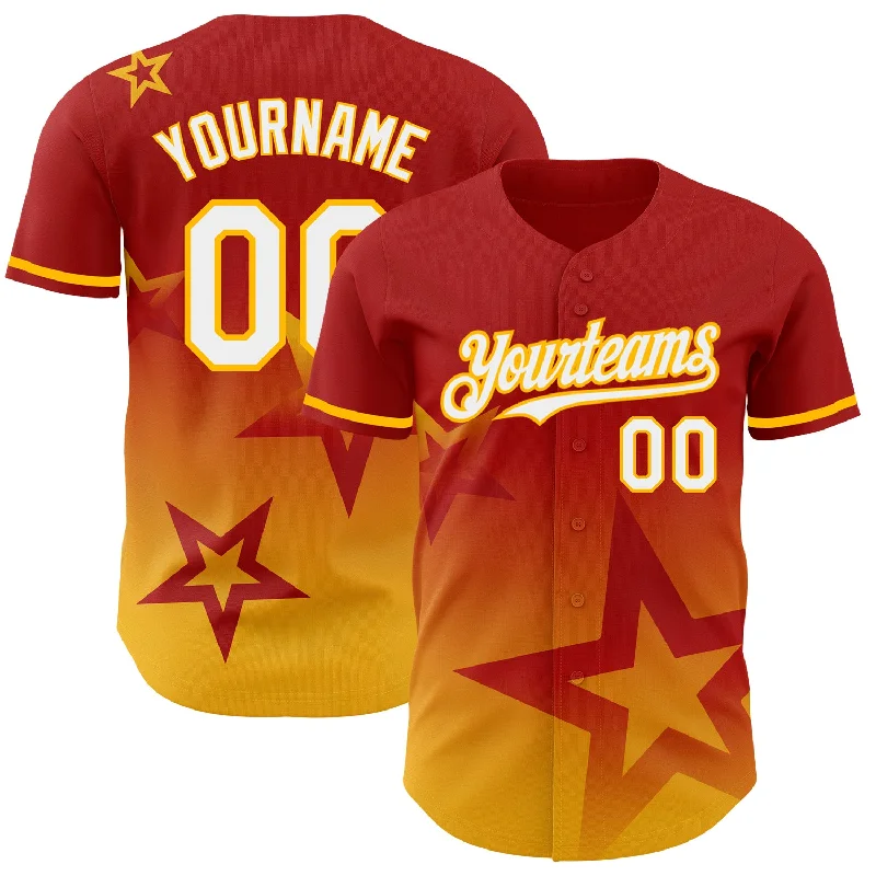 Personalized Baseball Jersey For Men-Custom Red White-Gold 3D Pattern Design Gradient Style Twinkle Star Authentic Baseball Jersey