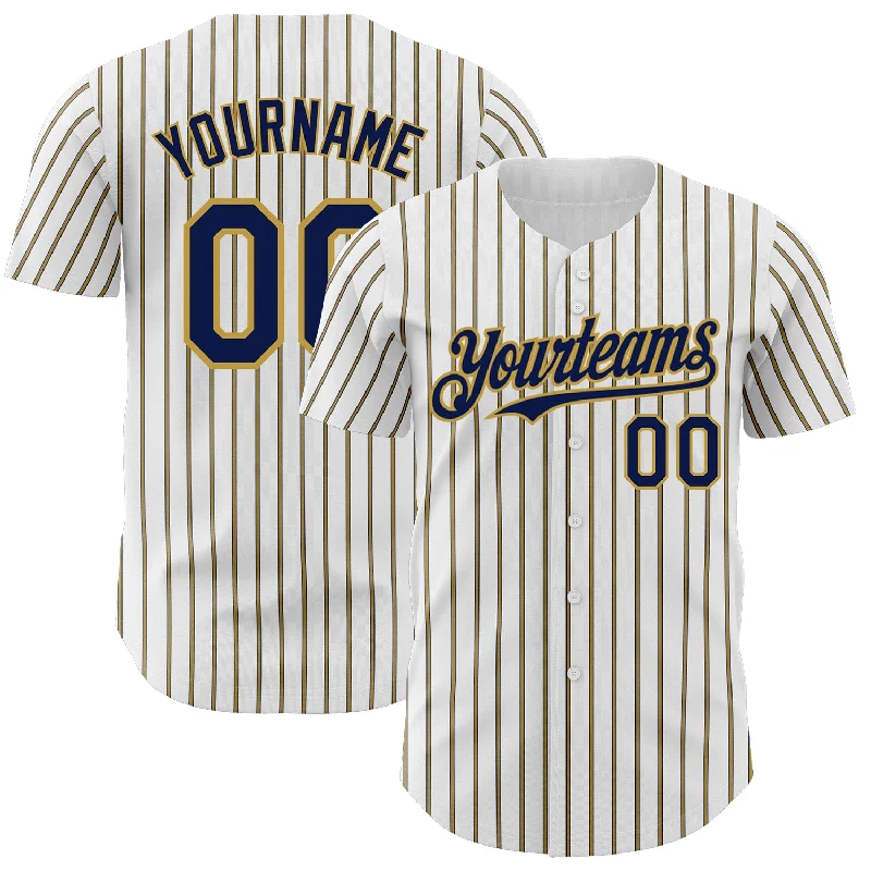 Personalized Baseball Jersey For School Awards-Custom White (Navy Old Gold Pinstripe) Navy-Old Gold Authentic Baseball Jersey