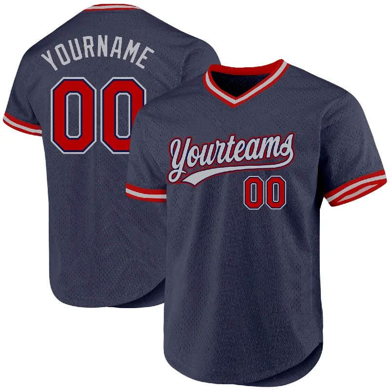 Personalized Baseball Jersey For Charity Auctions-Custom Navy Red-Gray Authentic Throwback Baseball Jersey