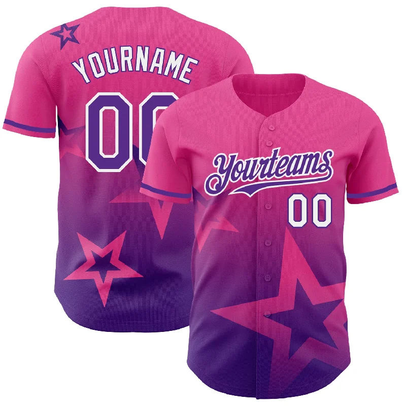 Baseball Jersey For Player Achievement Recognition-Custom Pink Purple-White 3D Pattern Design Gradient Style Twinkle Star Authentic Baseball Jersey