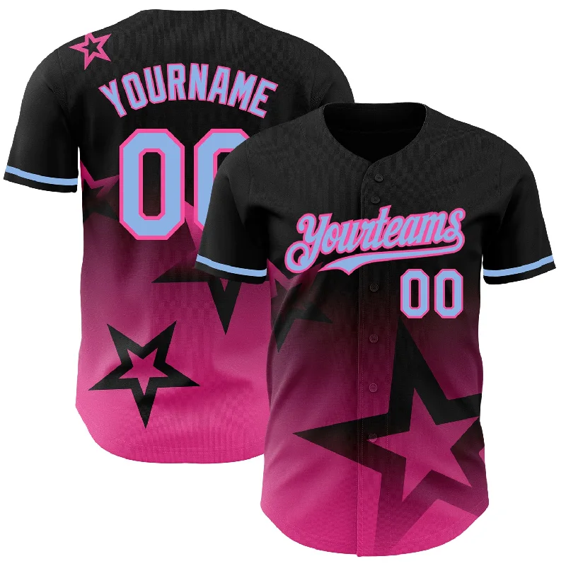 Personalized Baseball Jersey For Youth Sports-Custom Black Light Blue-Pink 3D Pattern Design Gradient Style Twinkle Star Authentic Baseball Jersey