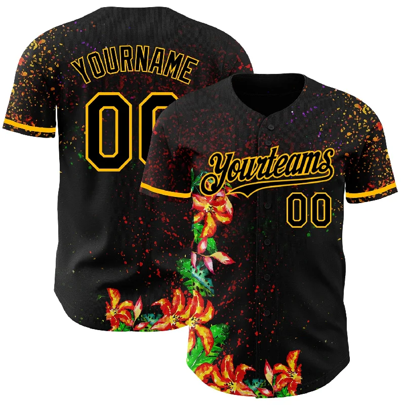 Custom Baseball Jersey For Group Orders-Custom Black Gold 3D Pattern Design Holi Festival Color Powder Authentic Baseball Jersey