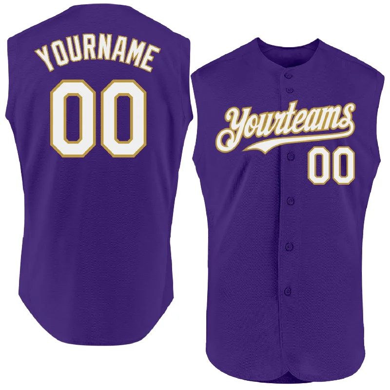 Baseball Jersey With Player Portrait-Custom Purple White-Old Gold Authentic Sleeveless Baseball Jersey