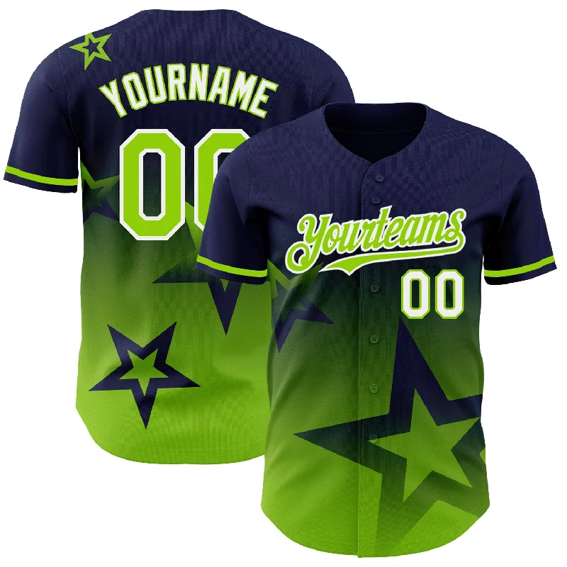 Baseball Jersey For Event Recognition-Custom Navy Neon Green-White 3D Pattern Design Gradient Style Twinkle Star Authentic Baseball Jersey