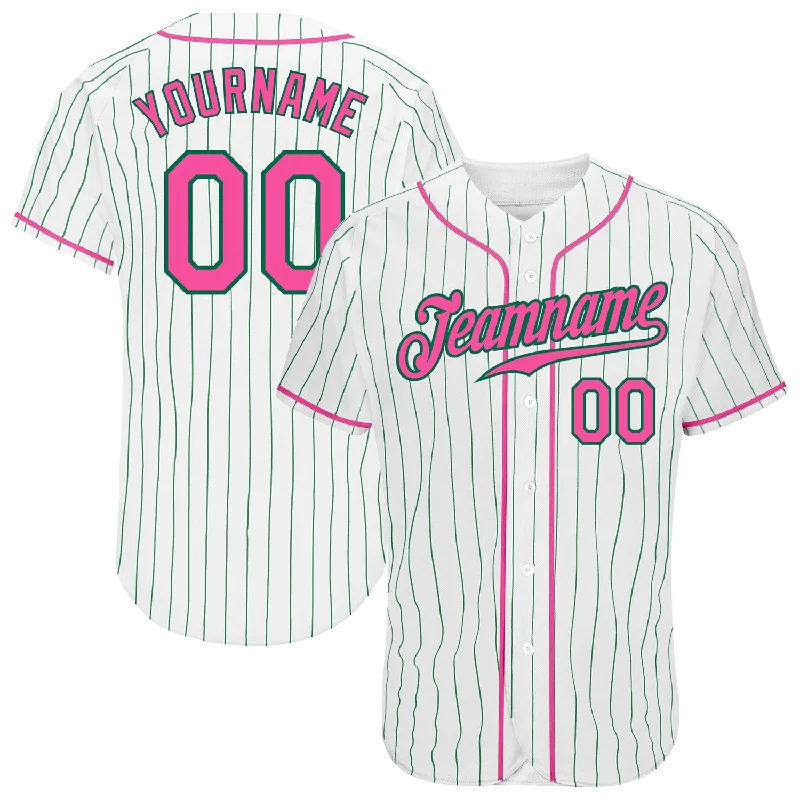 Baseball Jersey For Player Milestone Celebrations-Custom White Kelly Green Pinstripe Pink-Kelly Green Authentic Baseball Jersey