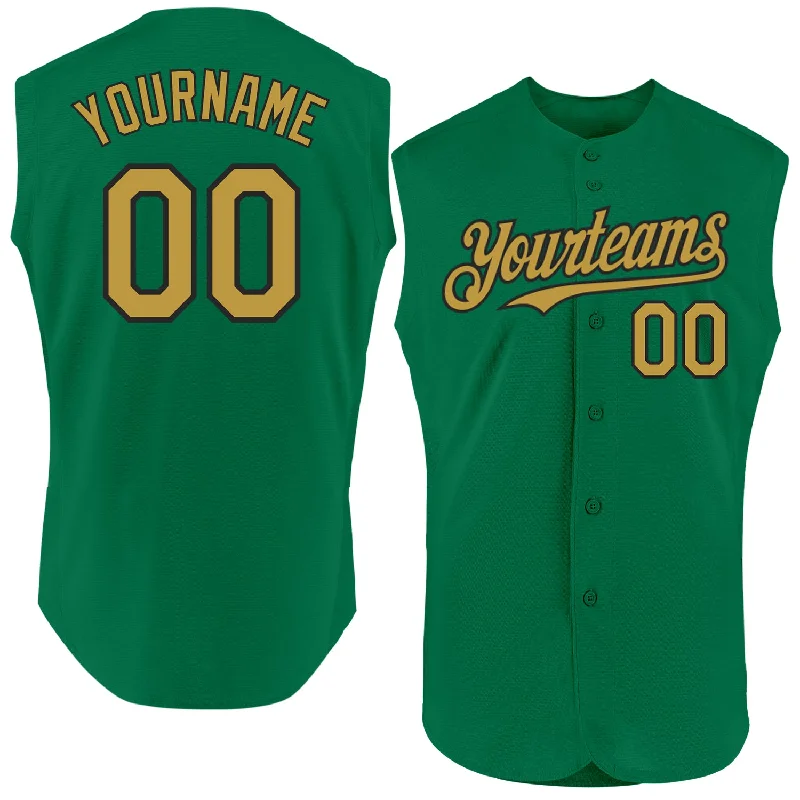 Personalized Baseball Jersey For Tournament Support-Custom Kelly Green Old Gold-Black Authentic Sleeveless Baseball Jersey