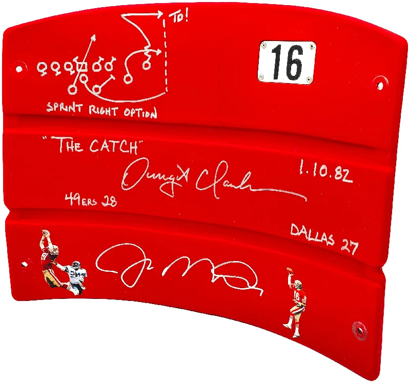 Personalized Rugby Helmet For Birthday Gifts-Joe Montana & Dwight Clark Autographed Red Stadium Used Candlestick Park Seatback San Francisco 49ers "The Catch, Sprint Right Option Play Sketch" Beckett BAS QR