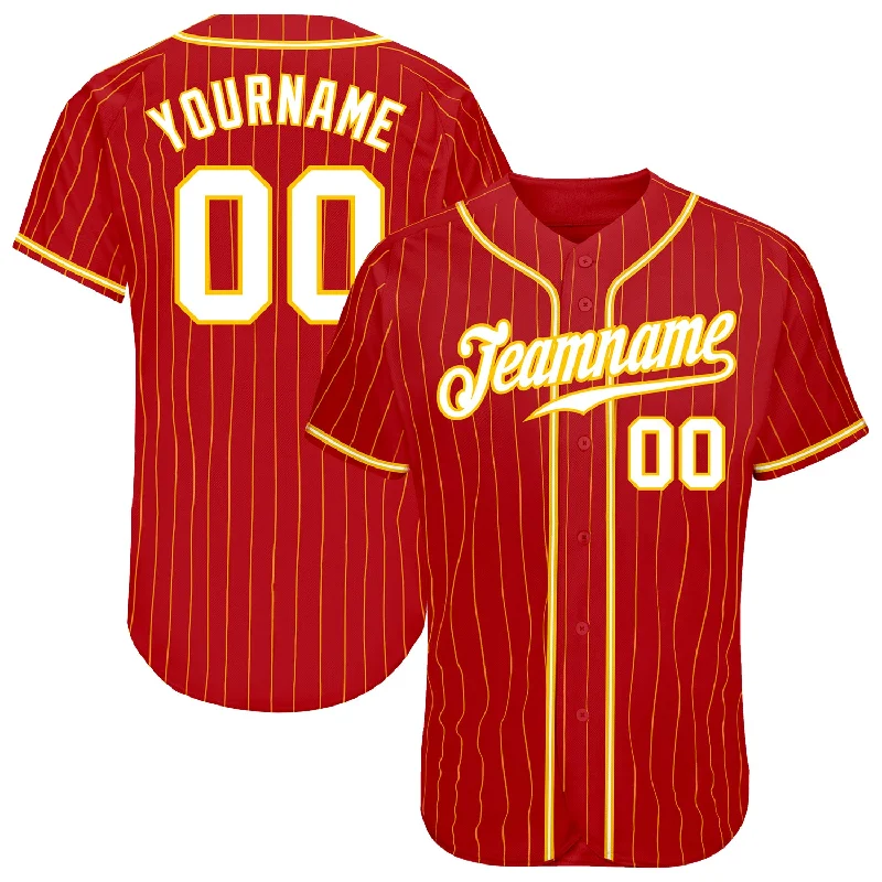 Baseball Jersey For Memorializing Team Achievements-Custom Red Gold Pinstripe White-Gold Authentic Baseball Jersey