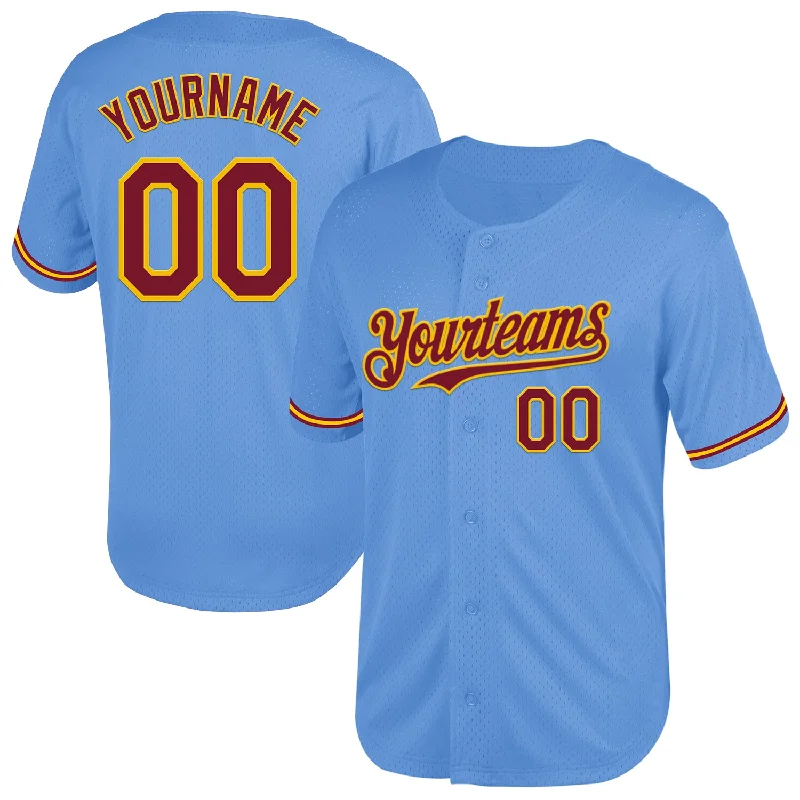 Baseball Jersey For Sponsor Logos-Custom Light Blue Crimson-Yellow Mesh Authentic Throwback Baseball Jersey