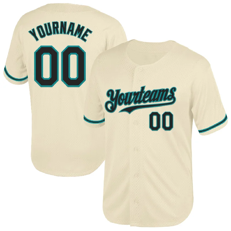 Baseball Jersey With School Logo & Number-Custom Cream Black-Teal Mesh Authentic Throwback Baseball Jersey