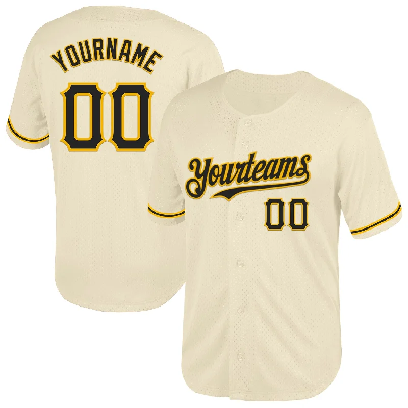 Personalized Baseball Jersey For School Awards-Custom Cream Black-Gold Mesh Authentic Throwback Baseball Jersey