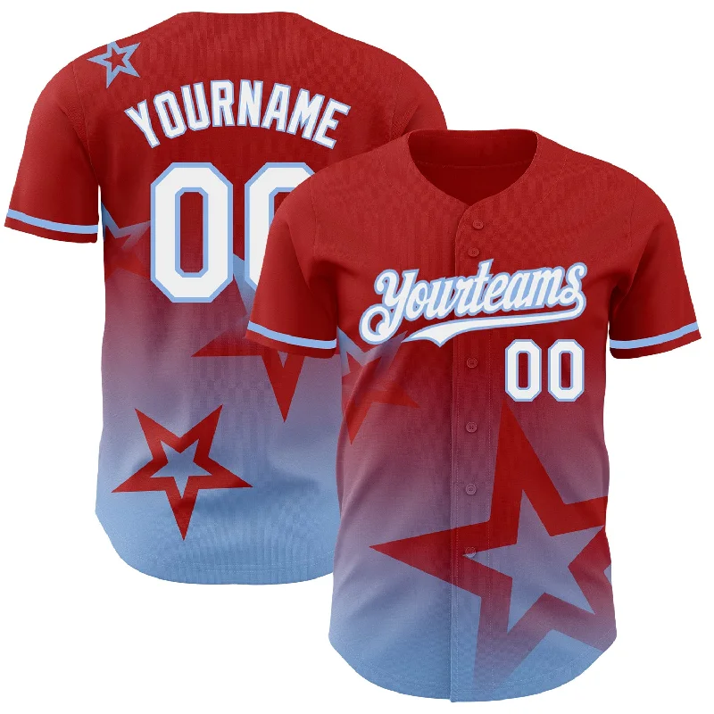 Baseball Jersey With Custom Name-Custom Red White-Light Blue 3D Pattern Design Gradient Style Twinkle Star Authentic Baseball Jersey