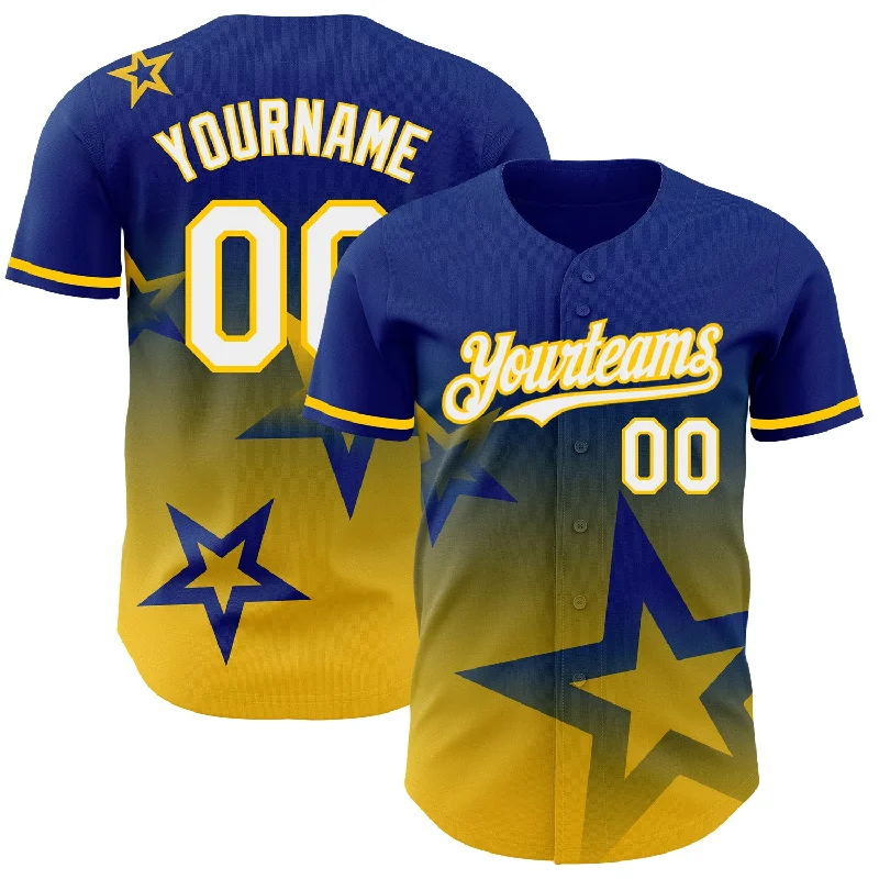 Baseball Jersey For International Team Fans-Custom Royal White-Yellow 3D Pattern Design Gradient Style Twinkle Star Authentic Baseball Jersey