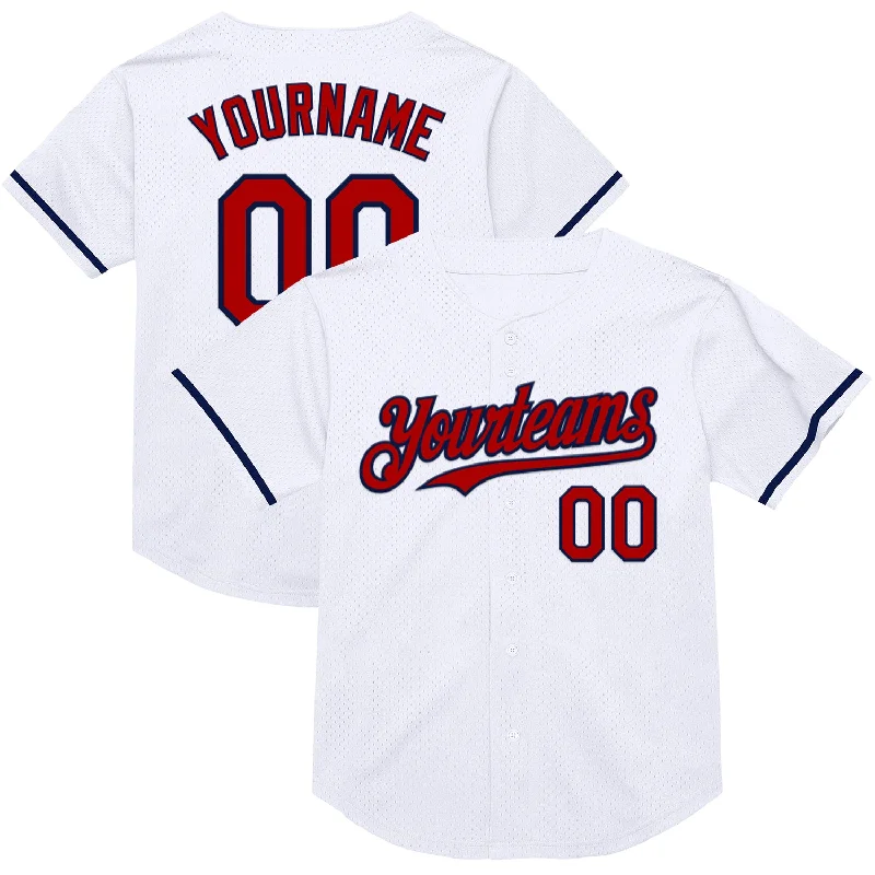 Baseball Jersey For Corporate Giveaways-Custom White Red-Navy Mesh Authentic Throwback Baseball Jersey