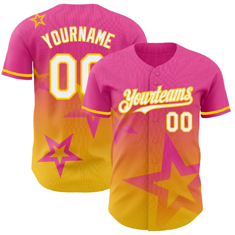 Baseball Jersey For High-Quality Team Wear-Custom Pink White-Yellow 3D Pattern Design Gradient Style Twinkle Star Authentic Baseball Jersey