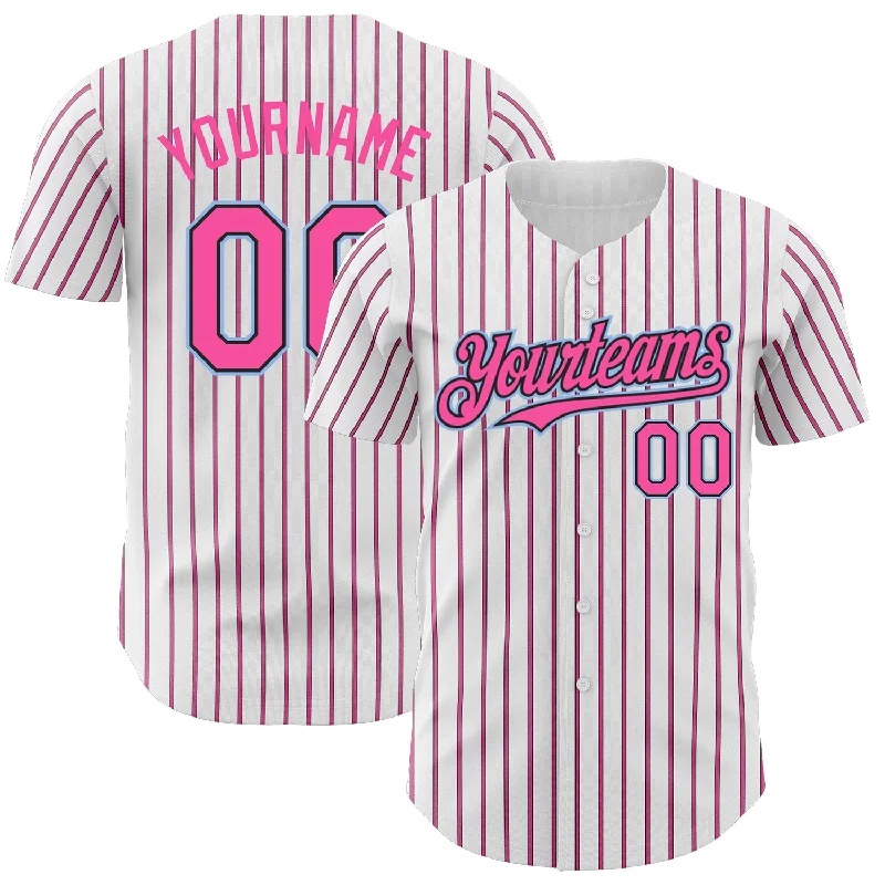 Personalized Baseball Jersey For Charity Events-Custom White (Black Pink Pinstripe) Pink Black-Light Blue Authentic Baseball Jersey