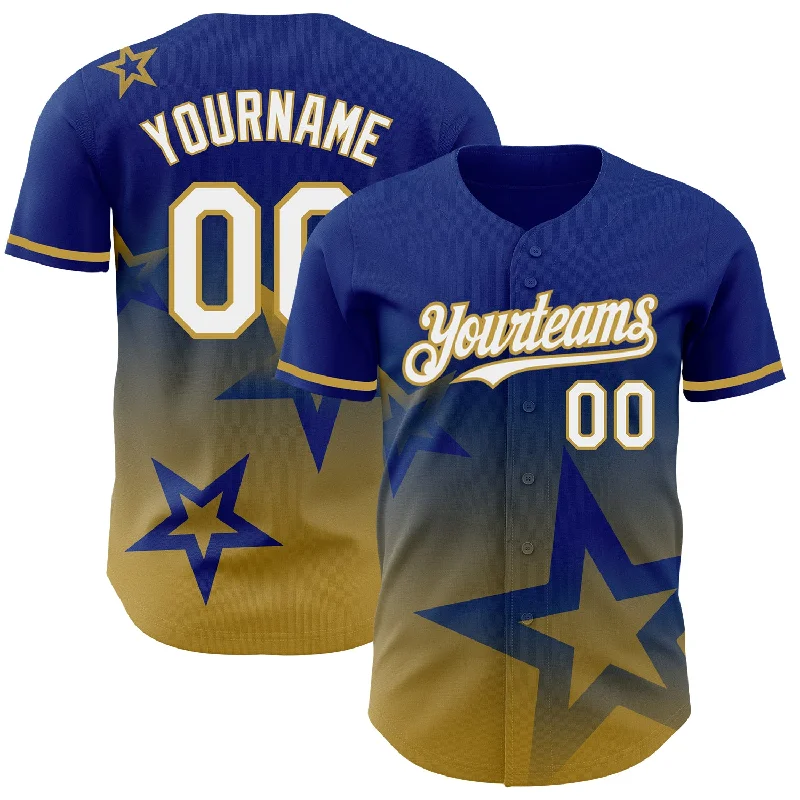 Baseball Jersey For Player Achievement Trophies-Custom Royal White-Old Gold 3D Pattern Design Gradient Style Twinkle Star Authentic Baseball Jersey