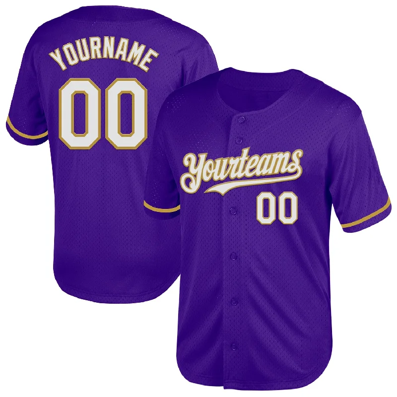 Personalized Baseball Jersey For Exclusive Fan Offers-Custom Purple White-Old Gold Mesh Authentic Throwback Baseball Jersey