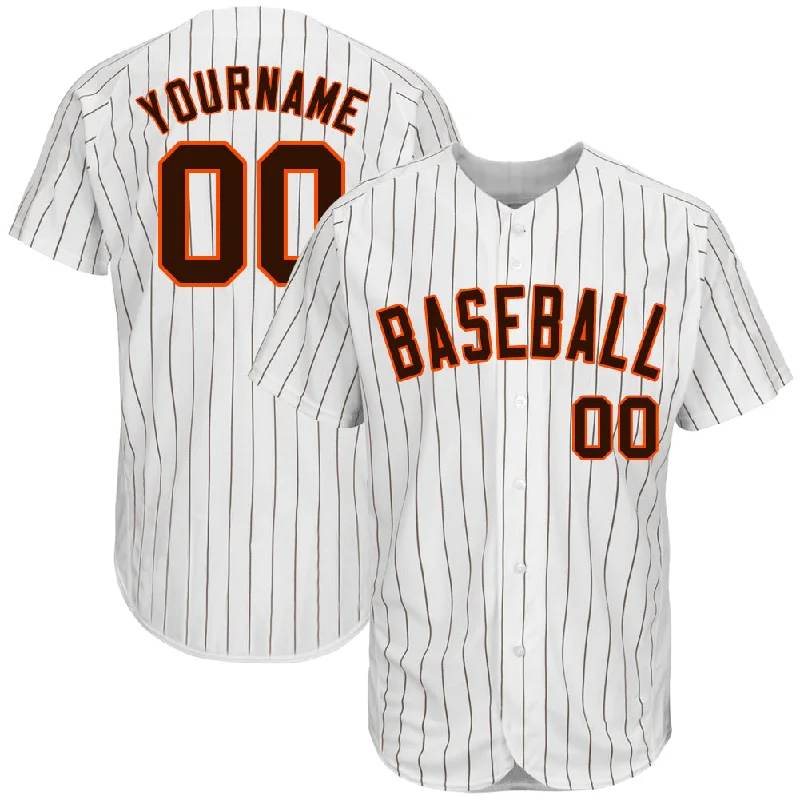 Custom Baseball Jersey For Player Custom Gifts-Custom White Brown Pinstripe Brown-Orange Authentic Baseball Jersey