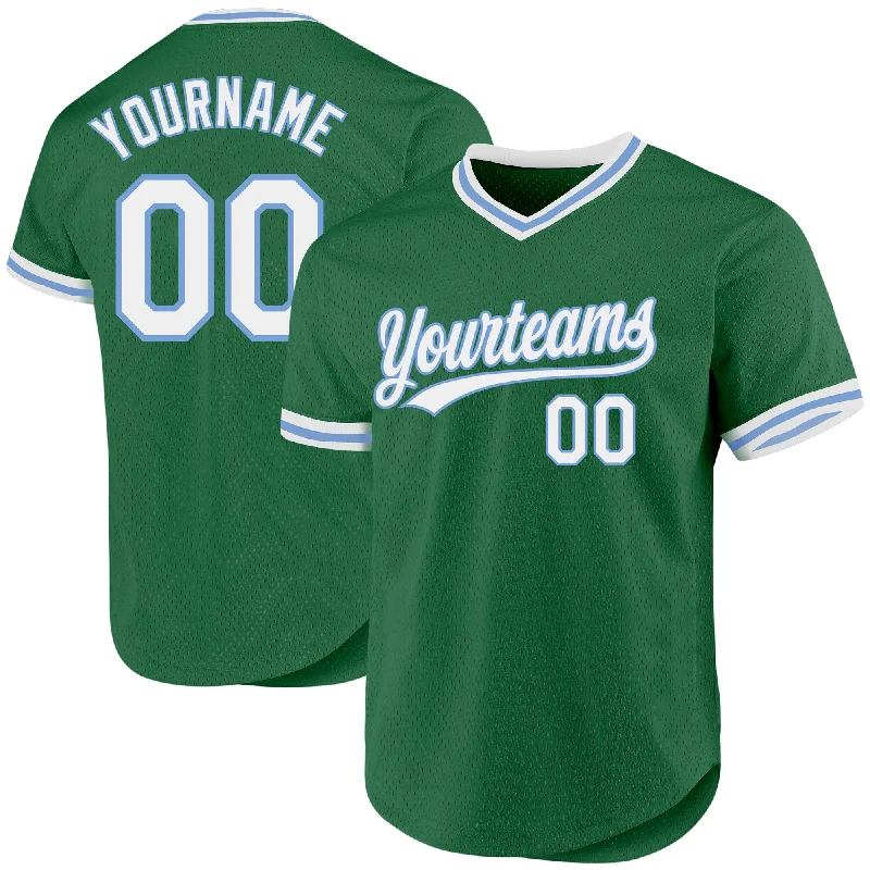 Custom Baseball Jersey-Custom Kelly Green White-Light Blue Authentic Throwback Baseball Jersey