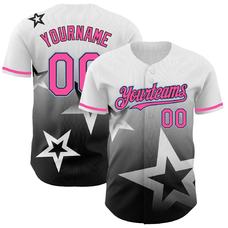 Custom Baseball Jersey For High School Teams-Custom White Pink Black-Light Blue 3D Pattern Design Gradient Style Twinkle Star Authentic Baseball Jersey