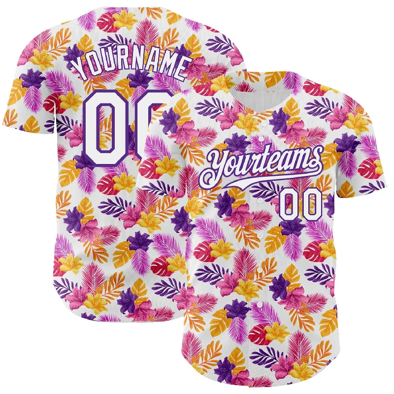 Personalized Baseball Jersey For Adult Teams-Custom White Purple 3D Pattern Design Tropical Flower And Hawaii Palm Leaves Authentic Baseball Jersey