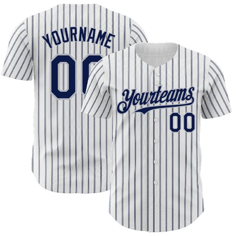 Personalized Baseball Jersey For School Competitions-Custom White (Navy Gray Pinstripe) Navy-Gray Authentic Baseball Jersey