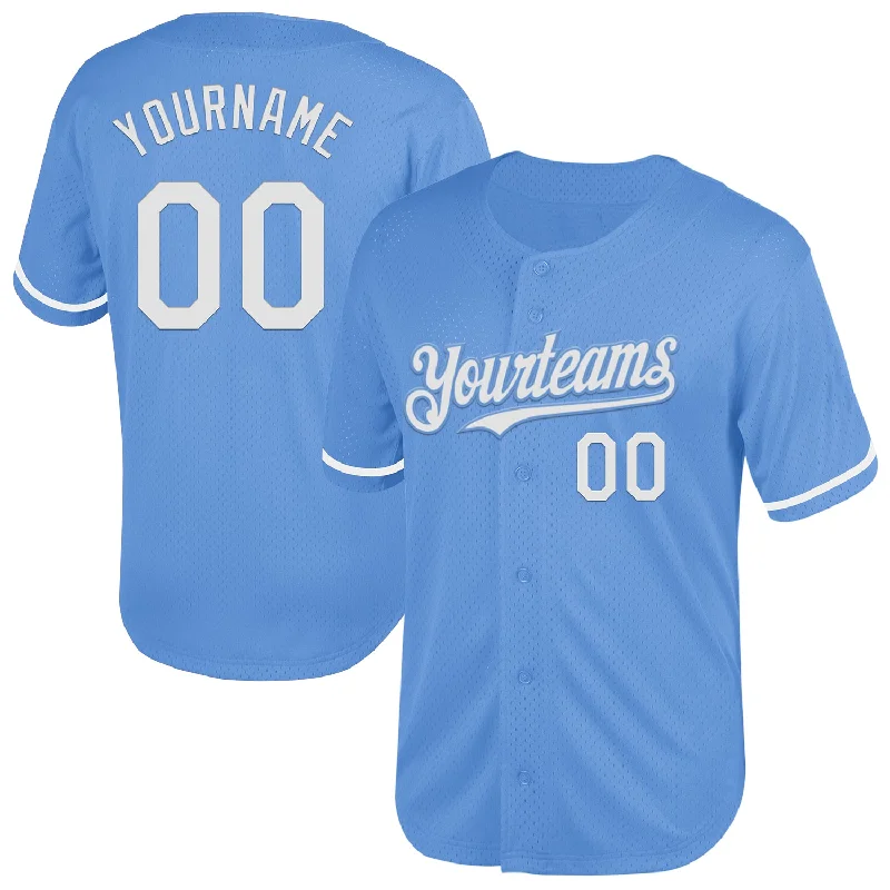 Baseball Jersey For Tournament Winners-Custom Light Blue White Mesh Authentic Throwback Baseball Jersey