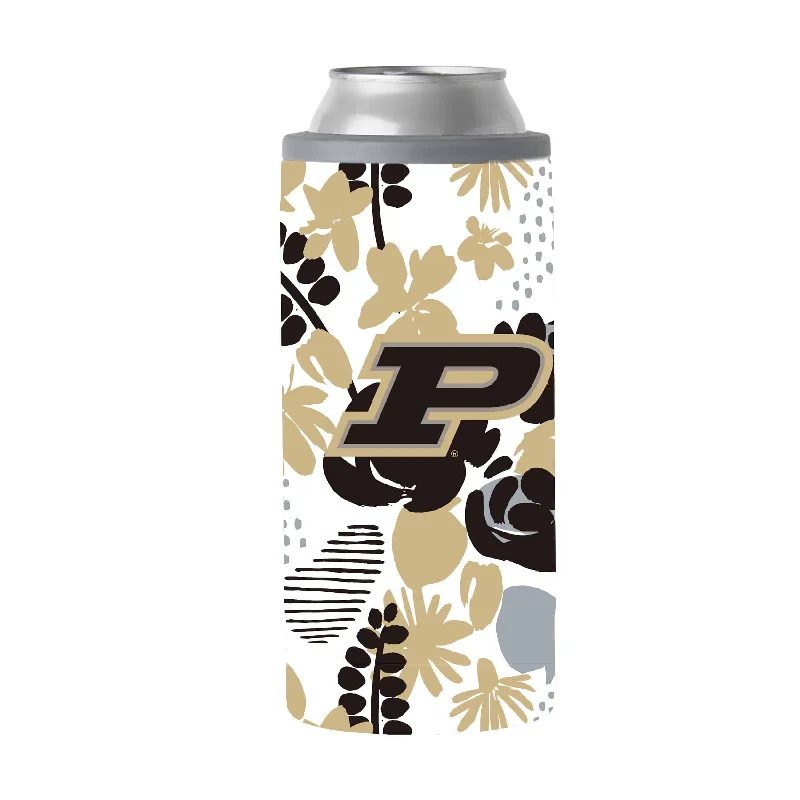 Team Mug With Logo & Text-Purdue 12oz Floral Slim Can Coolie