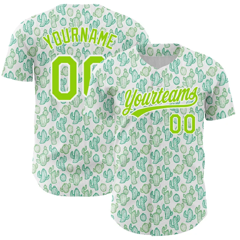 Custom Baseball Jersey For Player Achievement Awards-Custom White Neon Green 3D Pattern Design Cactus Festival Authentic Baseball Jersey