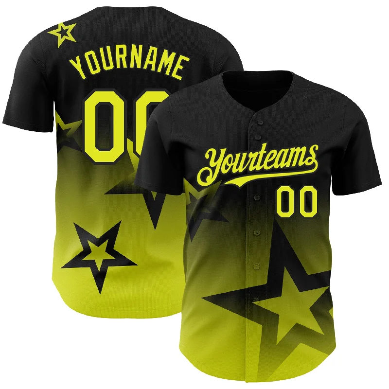 Custom Baseball Jersey For Sports Events-Custom Black Neon Yellow 3D Pattern Design Gradient Style Twinkle Star Authentic Baseball Jersey