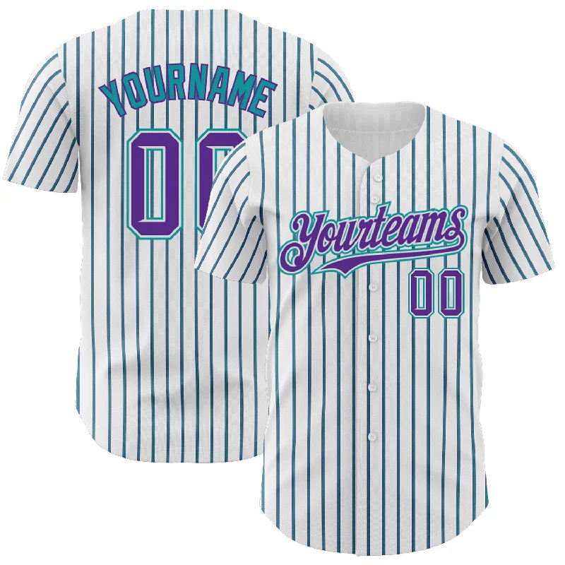 Personalized Baseball Jersey For Player & Family-Custom White (Purple Teal Pinstripe) Purple-Teal Authentic Baseball Jersey