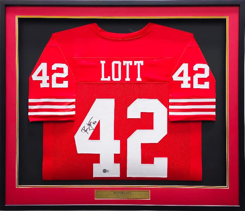 Personalized Rugby Helmet For Individual Customization-San Francisco 49ers Ronnie Lott Autographed Framed Red Jersey Beckett BAS Witness #WZ61084