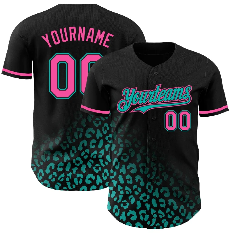 Personalized Baseball Jersey For Official Team Kits-Custom Black Pink-Aqua 3D Pattern Design Leopard Print Fade Fashion Authentic Baseball Jersey