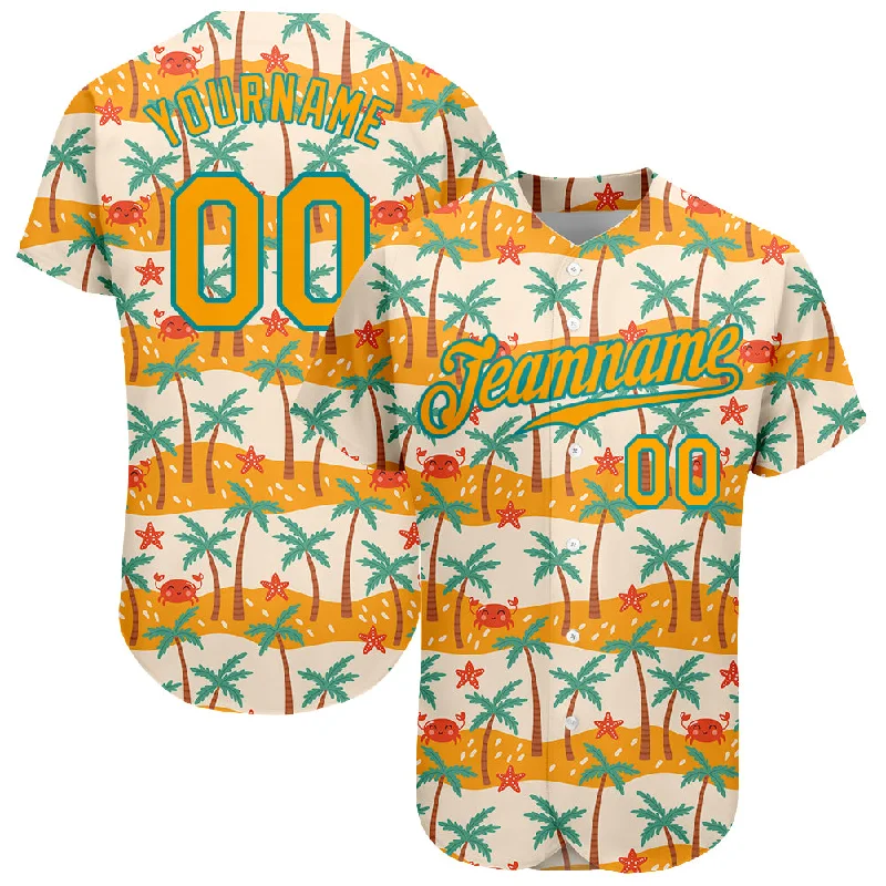 Baseball Jersey For Special League Teams-Custom White Gold-Teal 3D Pattern Design Hawaii Palm Trees Authentic Baseball Jersey