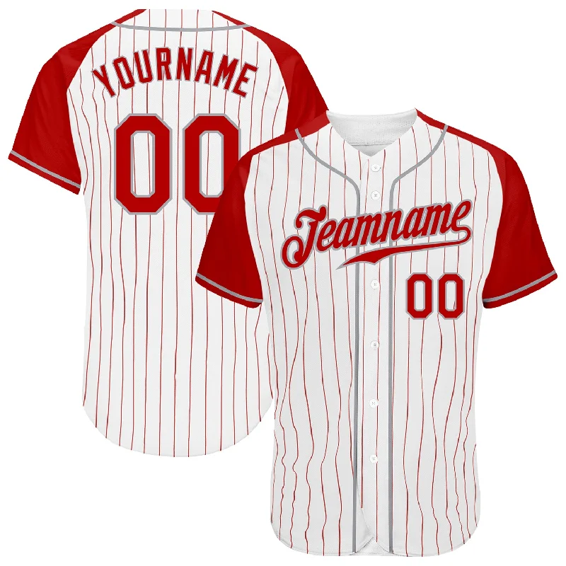 Custom Baseball Jersey For Charity Fundraisers-Custom White Red Pinstripe Red-Gray Authentic Raglan Sleeves Baseball Jersey