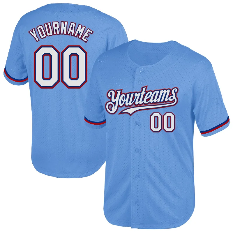 Baseball Jersey With Custom Team Player Designs-Custom Light Blue Royal-Red Mesh Authentic Throwback Baseball Jersey