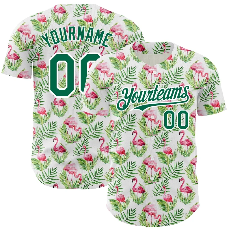 Personalized Baseball Jersey For School Spirit-Custom White Kelly Green 3D Pattern Design Tropical Hawaii Palm Leaves And Flamingo Authentic Baseball Jersey