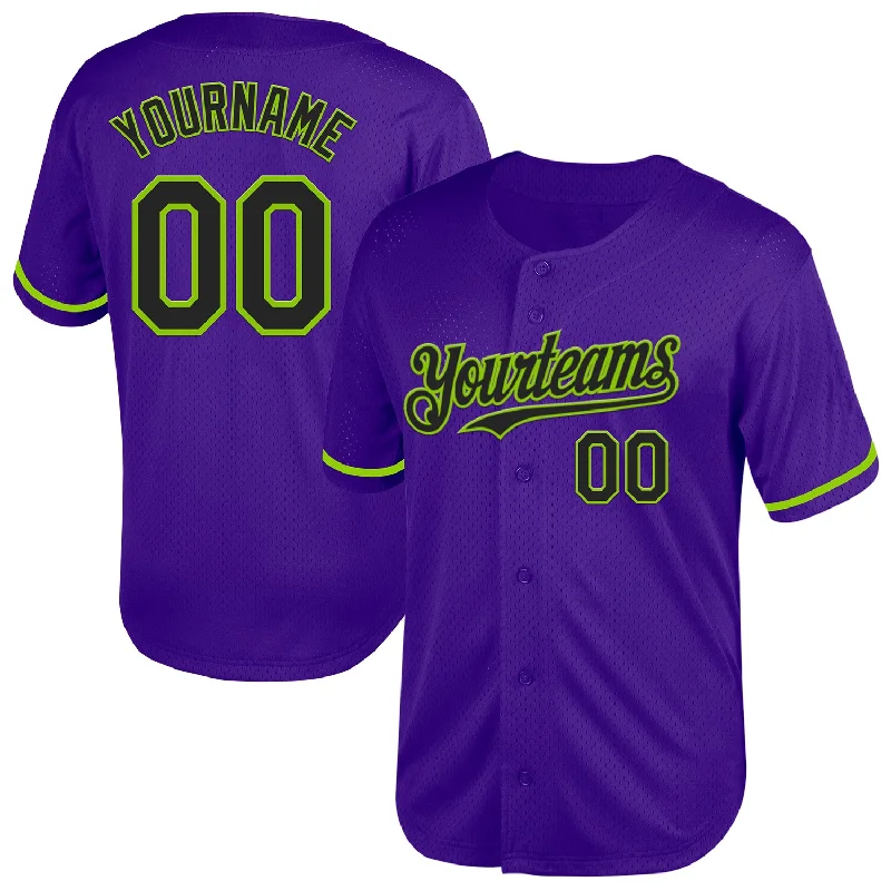 Baseball Jersey For Event Recognition-Custom Purple Black-Neon Green Mesh Authentic Throwback Baseball Jersey