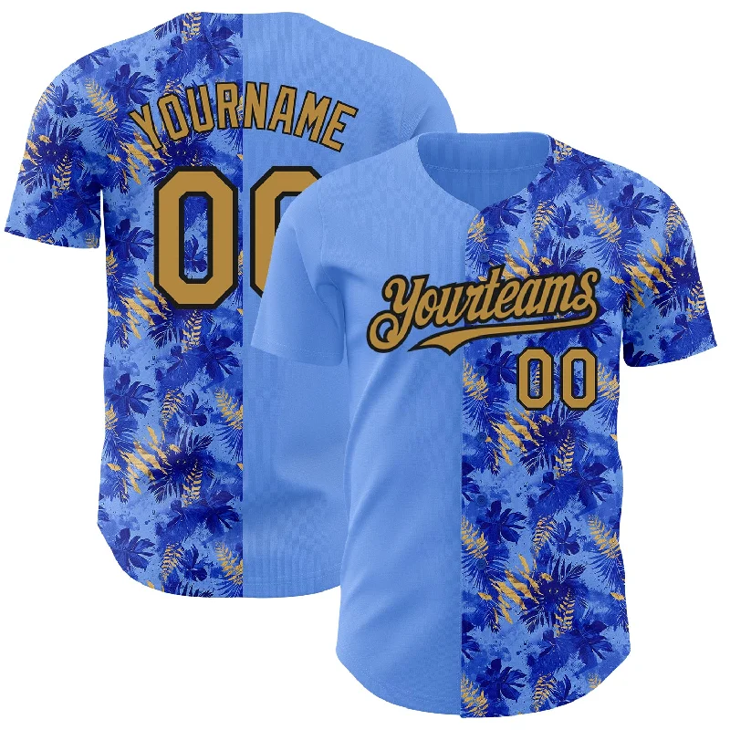 Baseball Jersey For Major League Teams-Custom Light Blue Old Gold-Black 3D Pattern Design Tropical Hawaii Palm Leaves Authentic Baseball Jersey