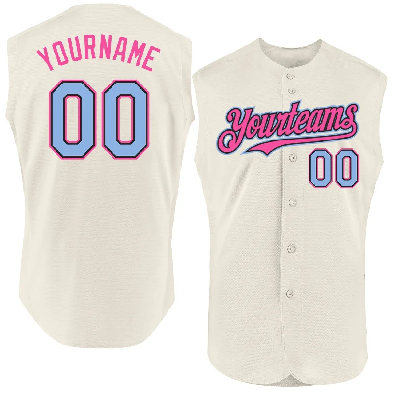 Custom Baseball Jersey For Personalized Customization-Custom Cream Light Blue Black-Pink Authentic Sleeveless Baseball Jersey