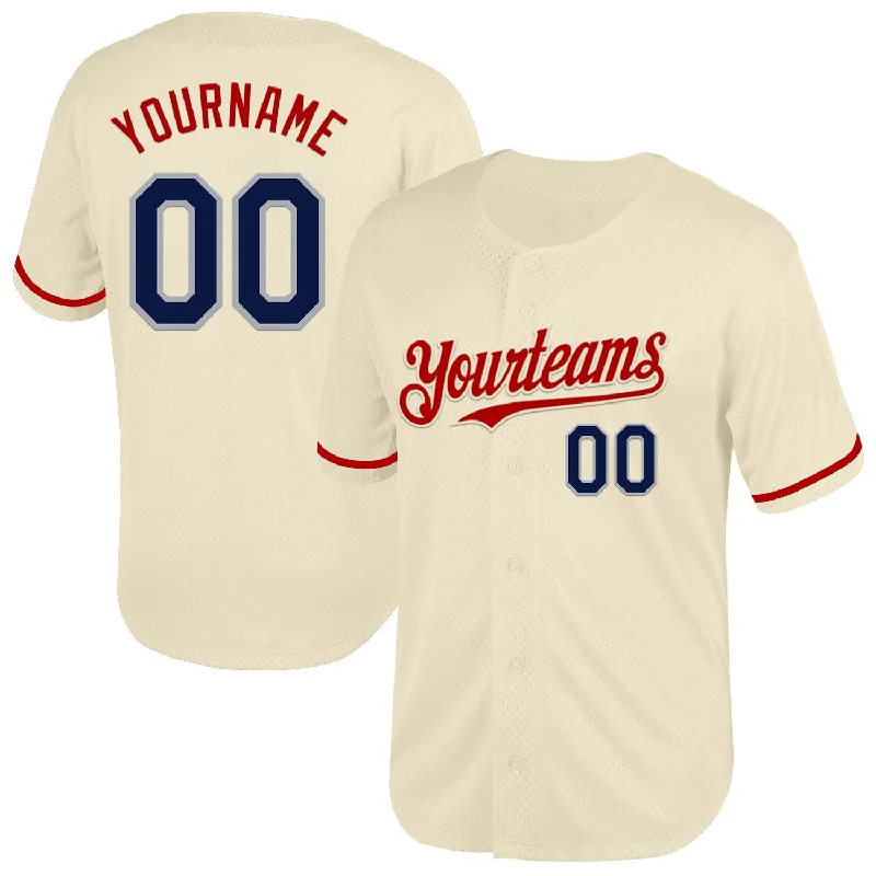 Baseball Jersey With Unique Fan Designs-Custom Cream Navy Red-Gray Mesh Authentic Throwback Baseball Jersey